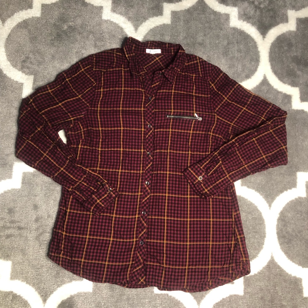 Maurices Shirt Women Large Plaid Checkered Long Sleeve Zip Pocket Button Up Red